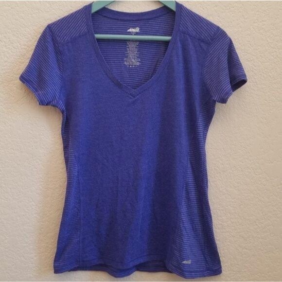 Avia Womens Blue Striped V-Neck Short Sleeve Top M Polyester & Rayon - Picture 4 of 4